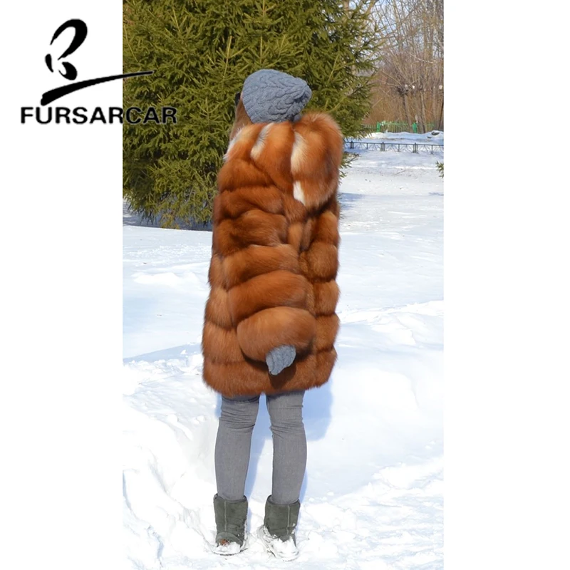 FURSARCAR 85 см длинное натуральное золото лисий мех пальто женское с меховым