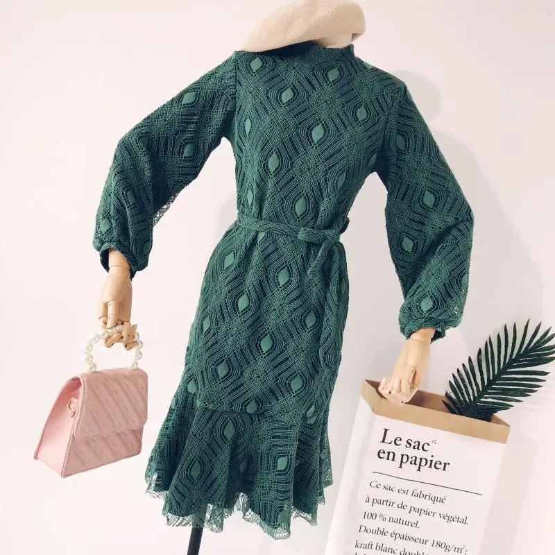 

2019 New Spring autumn Lace stitching cutout Ruffle dress Female Lantern sleeve Sexy Bag Hip Dress cc407