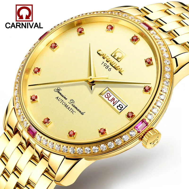 

Carnival Watch Men Red Diamond Dial Automatic Mechanical Stainless Steel Waterproof Week Date Gold Watches relogio masculino