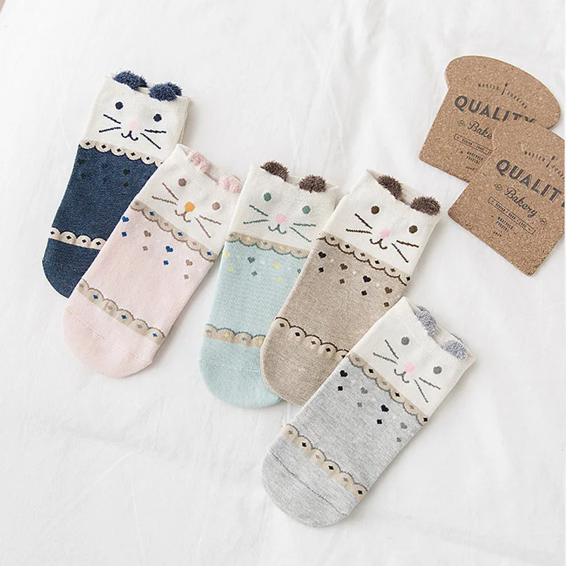 

5Pairs Arrivl Ladies Cotton Socks Cute Three-Dimensional Cat Pink Small Fresh Girl Non-slip Invisible Shallow Socks