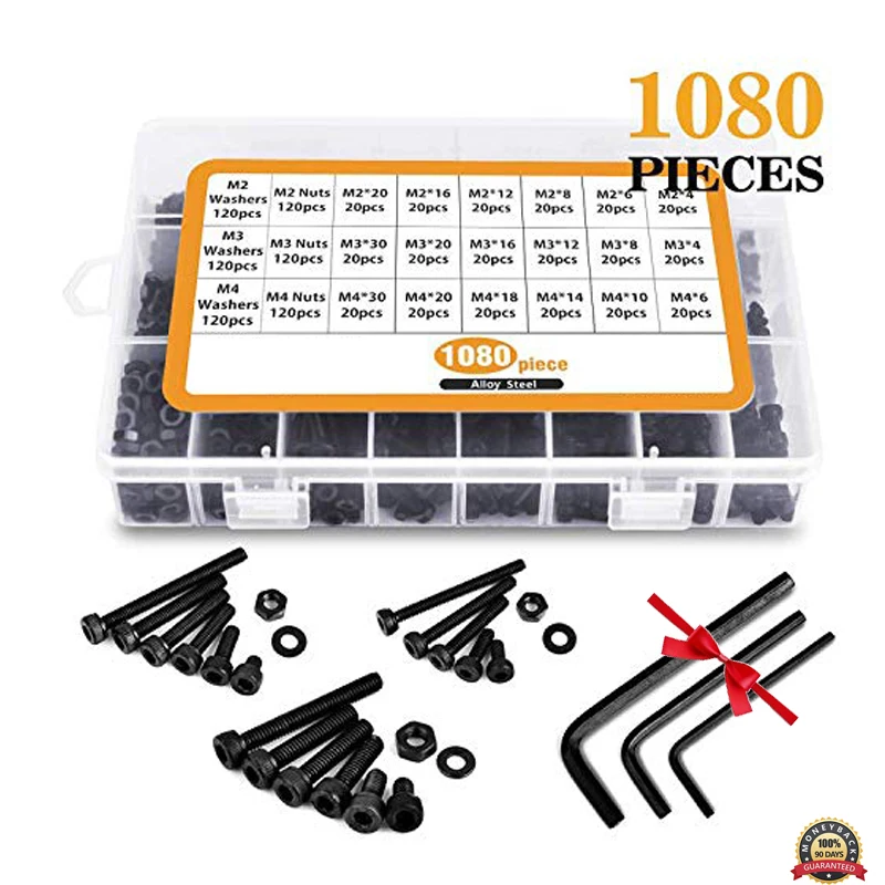 M2 M3 M4 Alloy Steel Socket Head Cap Screws Nuts Set 1080pcs Assortment Kit with Box Three Hex Wrenches Bolts | Обустройство дома