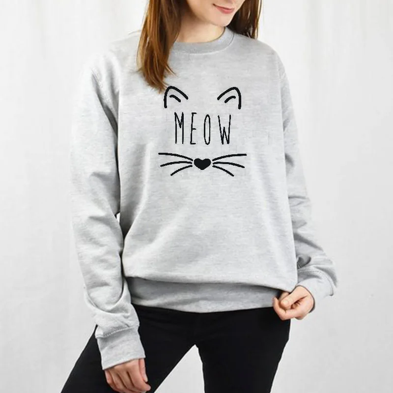 EnjoytheSpirit Meow Print Women Sweatshirt Cute Cat Jumper Casual Funny