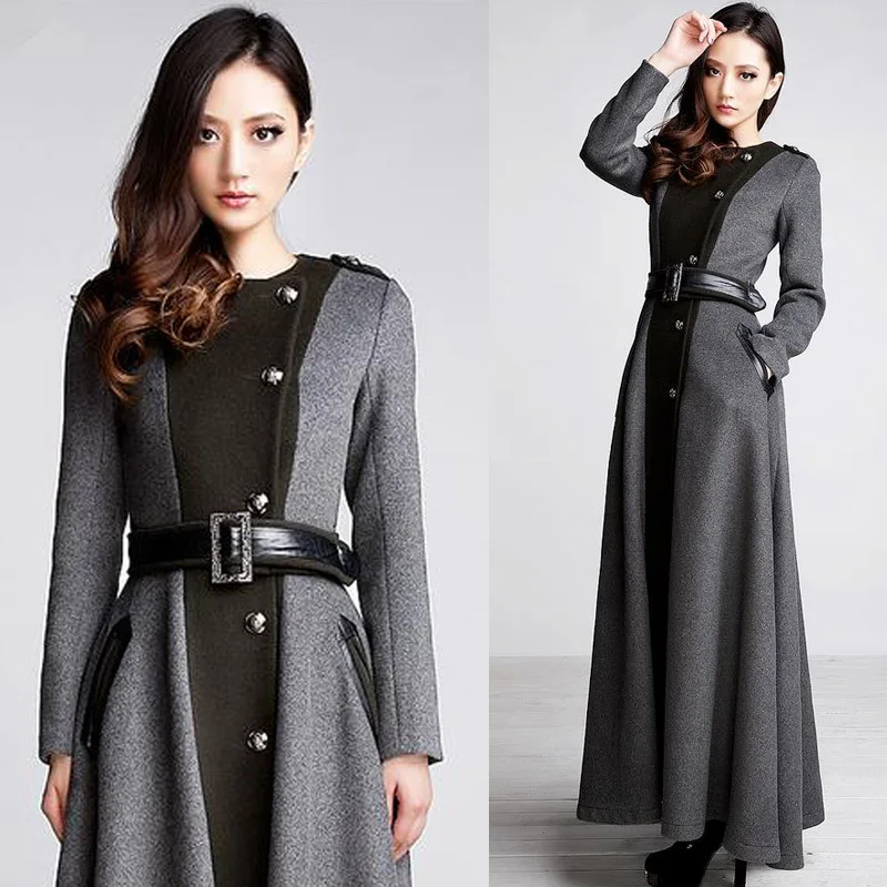 Falll New Women's Fashion Wool coat , Female Long Patchwork Belt Woolen