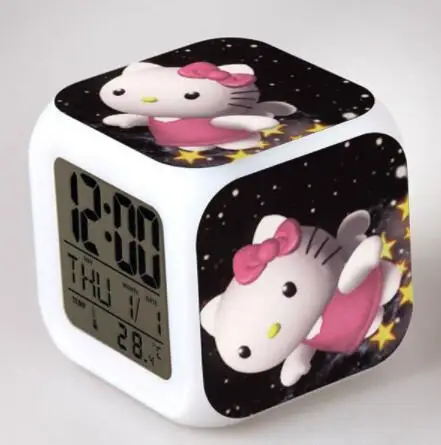 Лучший подарок для детей светодиодный цифровой будильник Kitty reloj despertador часы ночной Светильник horloge digitale часы с календарем - Цвет: Черный