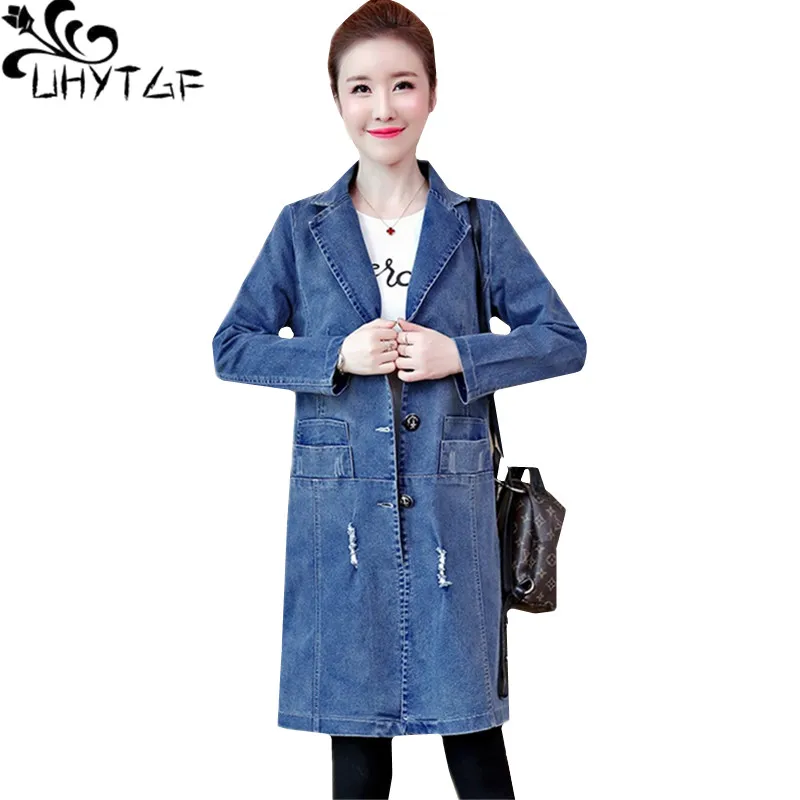 

UHYTGF Women windbreaker Spring autumn denim jacket Solid color Wild loose plus size coat Fashion hole slim long Jeans jacket131