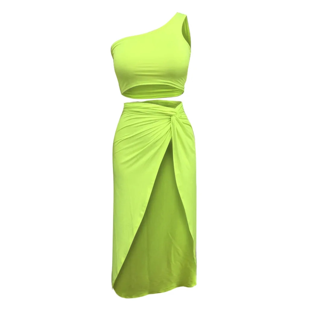 JAYCOSIN, летний женский костюм, сексуальный, модный, Одноцветный, на одно плечо, укороченный топ с разрезом, юбка для пляжного платья, комбинация 9042529