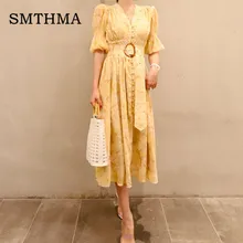 Новинка, модное летнее женское однобортное элегантное винтажное платье, сексуальное с v-образным вырезом, с пышными рукавами, желтое платье с принтом, большое Свободное платье для подиума