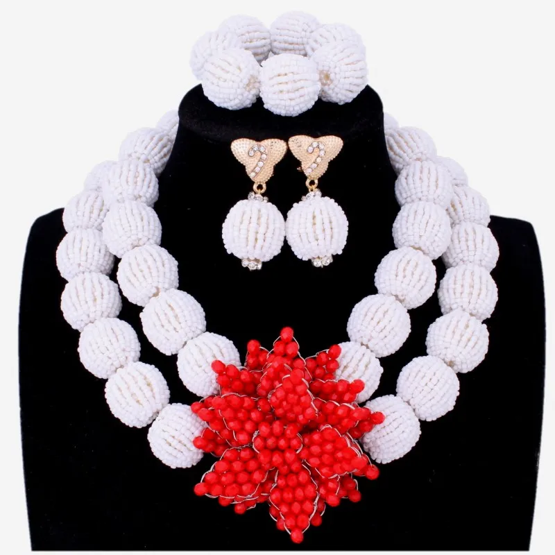 

4UJewelry Necklace Sets For Women Party White Womens Costume Jewelry With Red Flower Handmade Balls Nigerian Beads For Bride