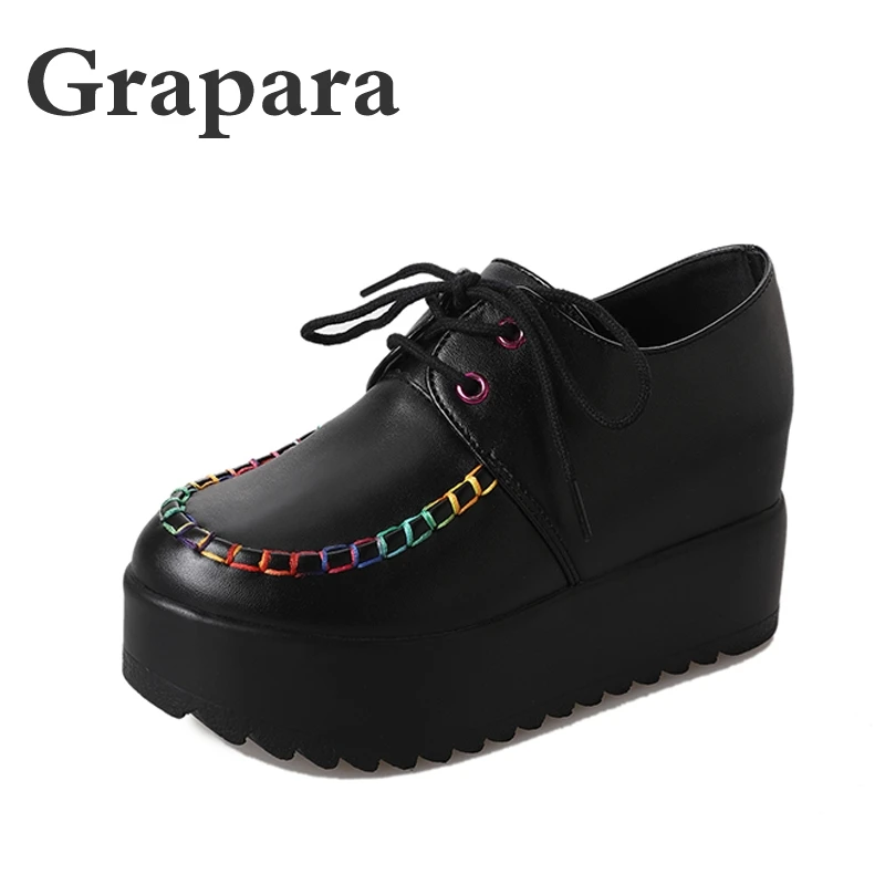 Grapara Spring Casual Shoes Woman Increased High Heels Platform Shoes Female Lace Up Leather
