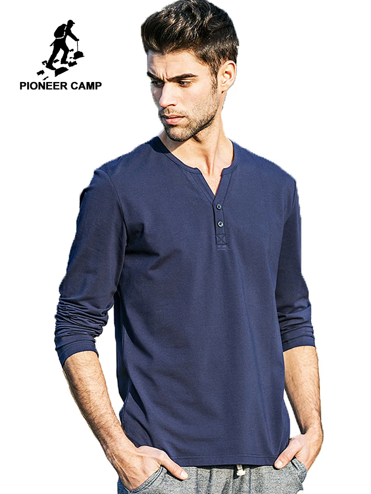 Pioneer Camp Men Long Sleeve T Shirt V Neck Cotton White T Shirt Men