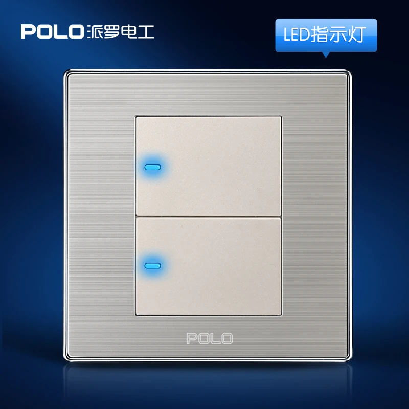 

Wholesale POLO Luxury Wall Switch Panel, Light Switch,2 Gang 1 Way,Champagne/Black,Push Button LED Indicator,16A,110~250V, 220V