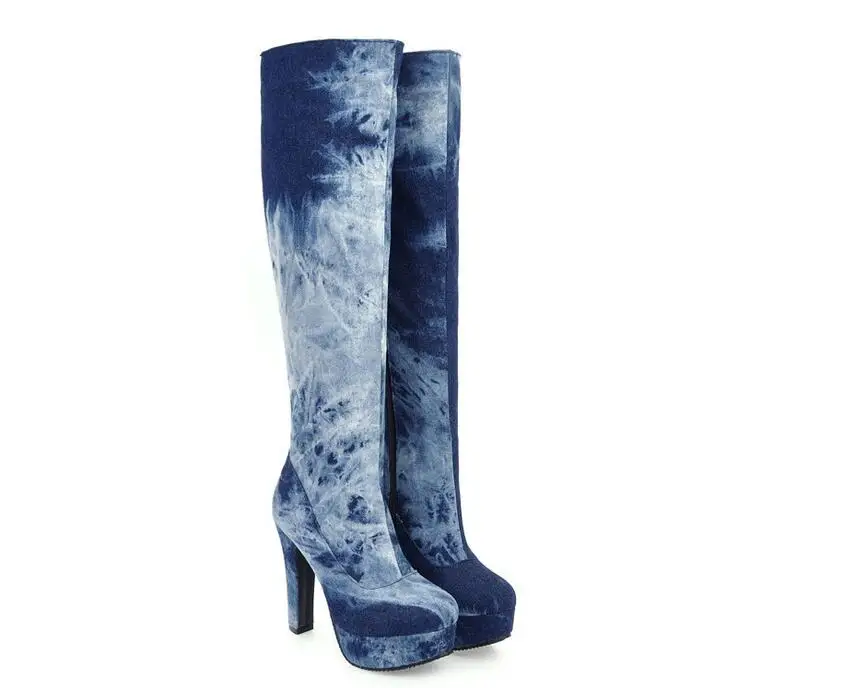 

Hot Women Shoes Jeans High Heels Autumn Boots Peep Toe Knee-high Boots Women's Quality Tight High Denim Fashion Shoes Platform