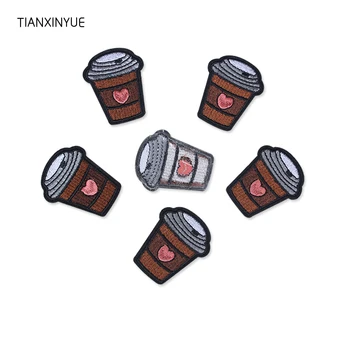 

TIANXINYUE Coffee Color Coffee cup patch Embroidered Iron On Badges Patches For Clothing Motif Applique Sticker For fabric
