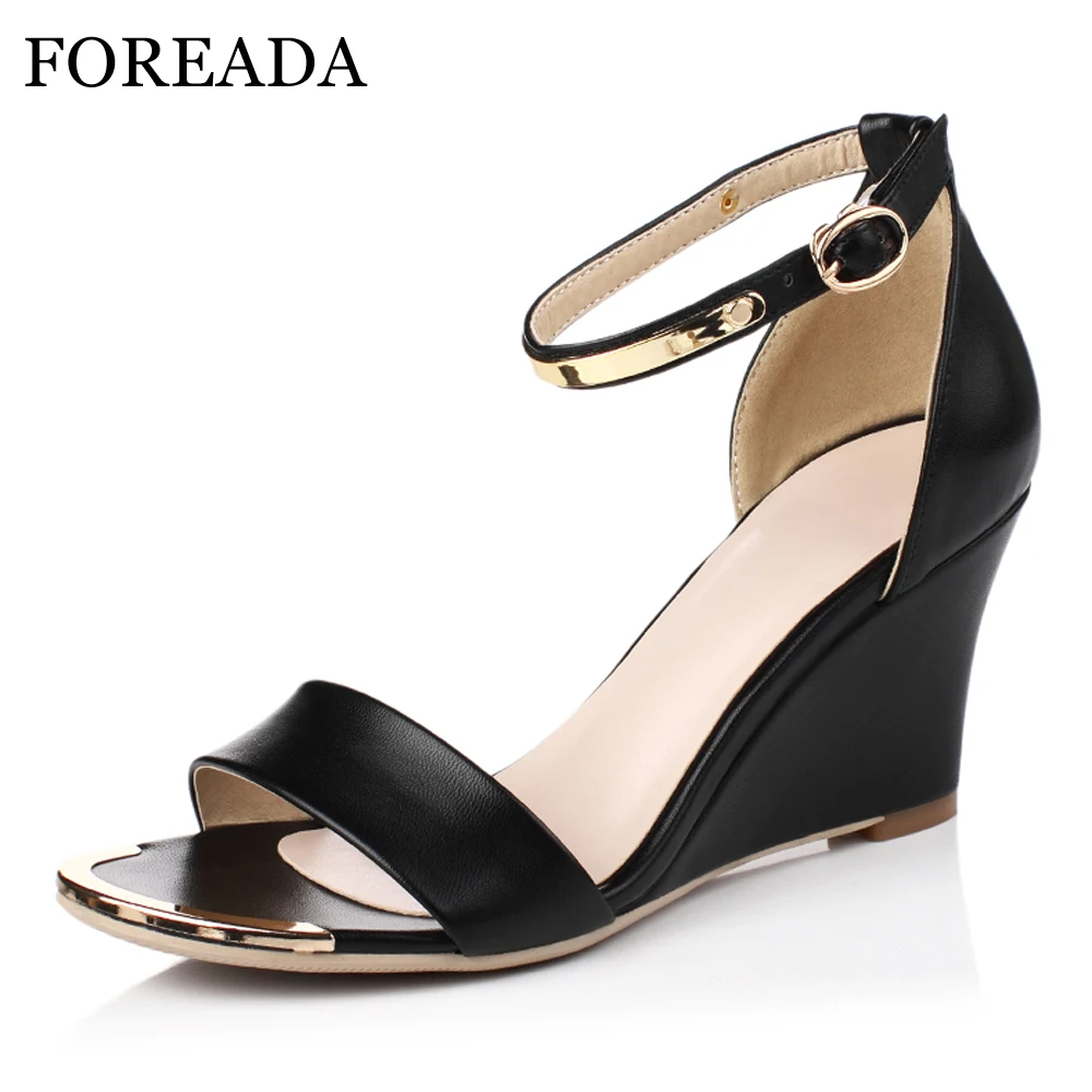 

FOREADA Summer Sandals Women Shoes Metal Decoration Wedge High Heel Shoes Buckle Open Toe Ankle Strap Sandals Female Size 33-40
