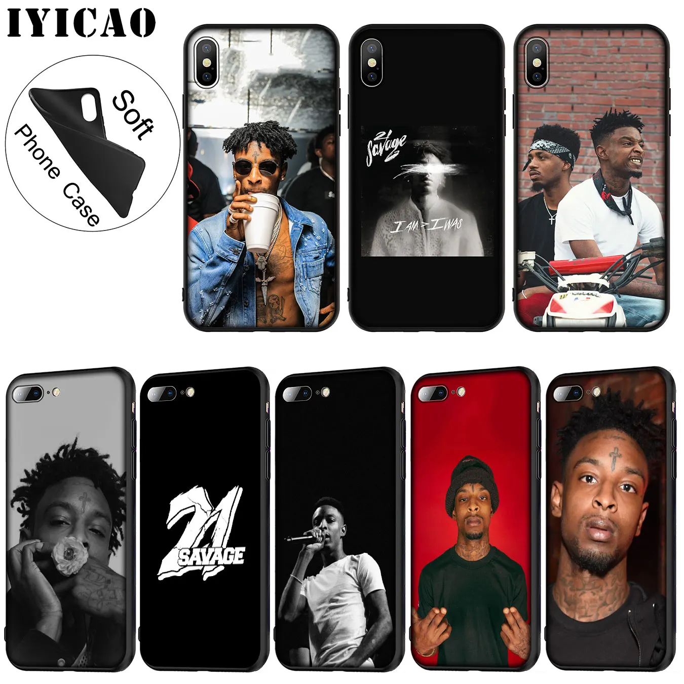 

IYICAO 21 Savage Soft Silicone Phone Case for iPhone XR X XS Max 6 6S 7 8 Plus 5 5S SE 10 TPU Black Cover