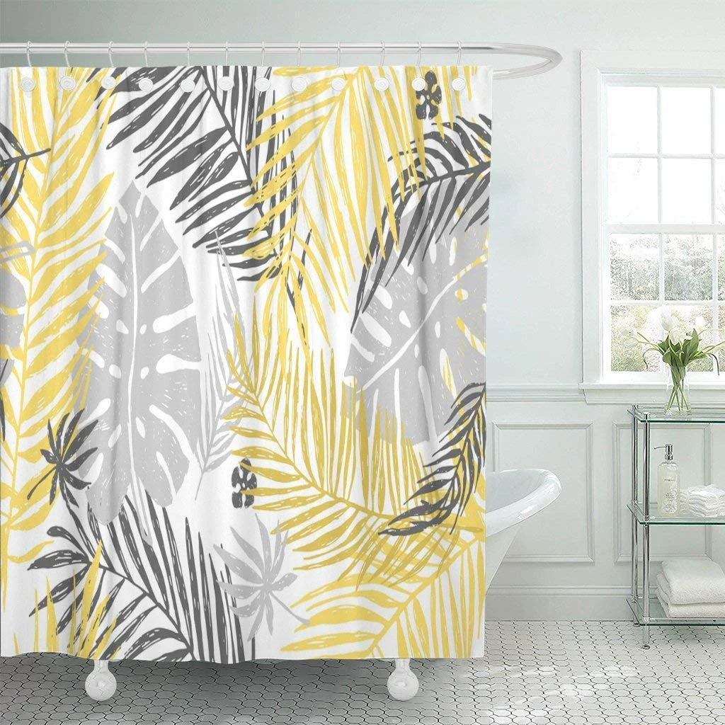 Rideaux De Douche Impermeables Motif Exotique Dore Avec Feuilles De Palmier Jaunes Et Gris Sur La Main Dessin Silhouette Arbre Extra Long Aliexpress