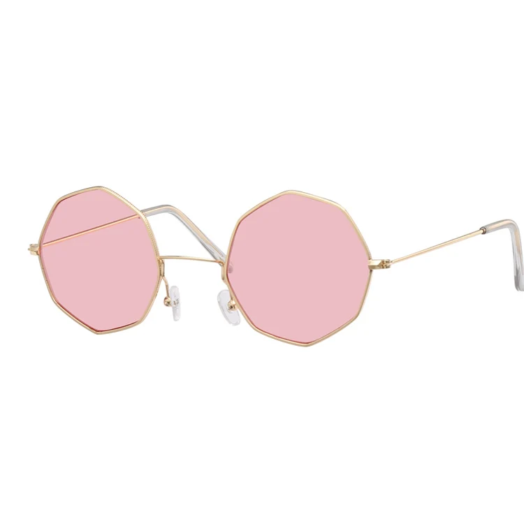 Шестигранные Солнцезащитные очки женские мужские брендовые дизайнерские женские маленькие квадратные солнцезащитные очки Женская металлическая оправа для вождения очки для рыбной ловли - Цвет линз: Gold Pink