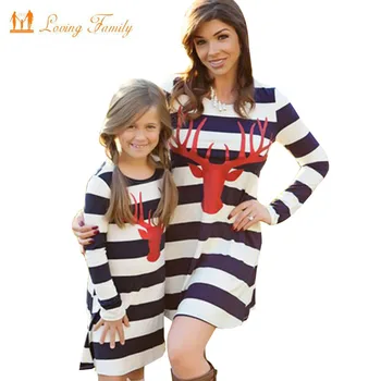 

Mother daughter dresses 2020 Autumn Family Matching Outfits for Mother & Kids Children's Clothing Deer Striped patchwork dress