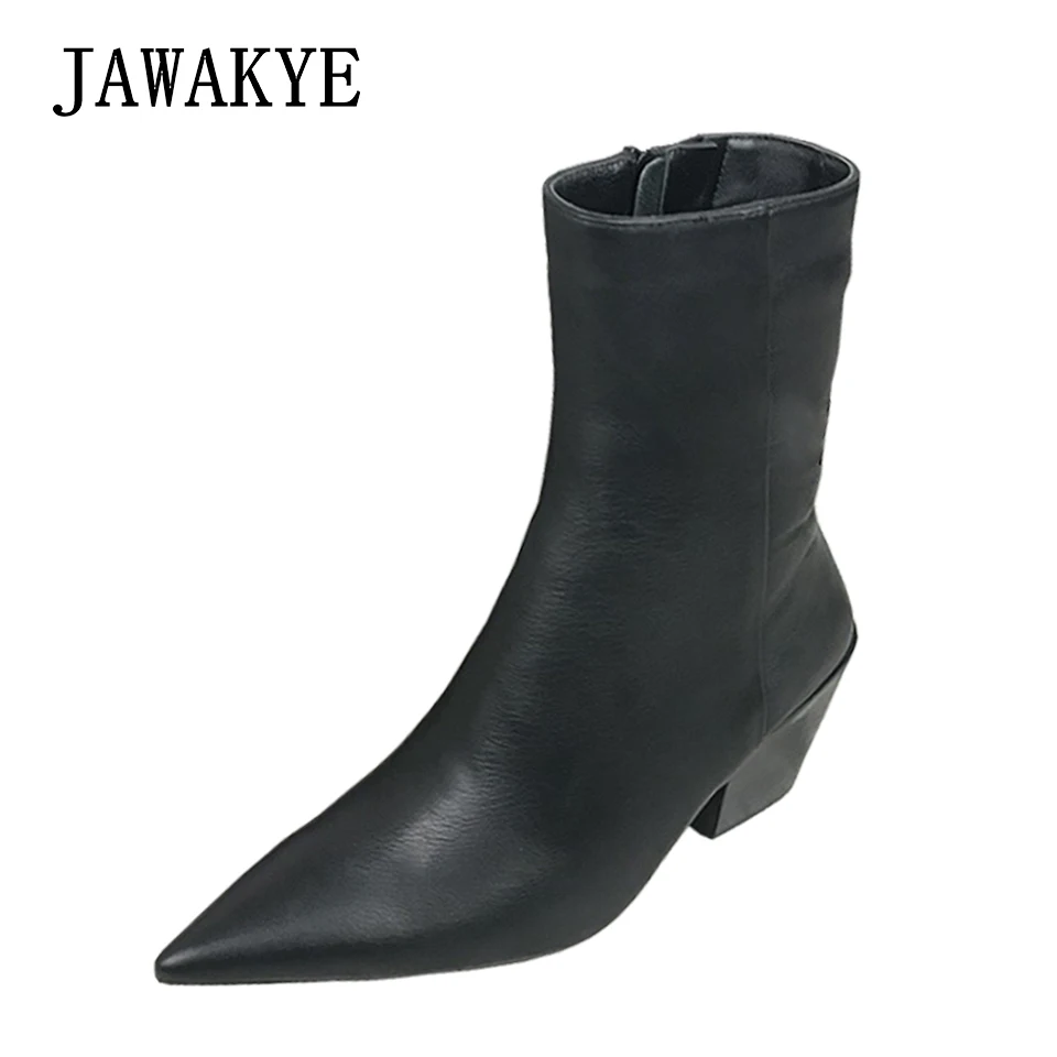 

JAWAKYE Pointy toe Black Chunky High Heel Ankle Boots Women Cow Genuine Leather Strappy Winter Short Boots zipper Ankle booties