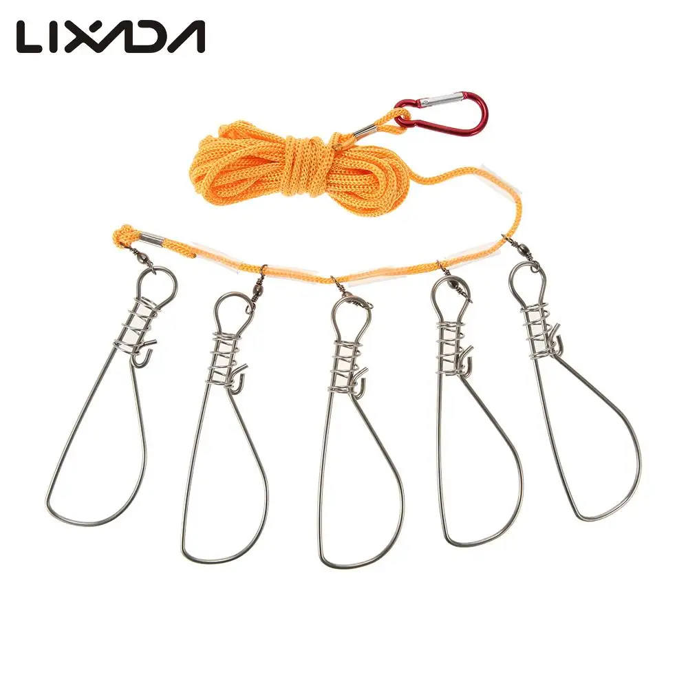 

High Quality 5 Snaps Stainless Steel Fishing Stringer Rope Lanyard Live Fish Lock Belt Fishing Accessories Tackle Tool