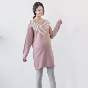 

Maternity Women Hoodless V-neck Long Sleeve Mid-long Sweaters New Moms Loose Fit Knitting Pullover Fashion Sweaters Dresses