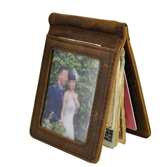 Genuine Leather Men Magnetic Money Clip Wallet Business Card Photo Holder Case Design Front Pocket Wallet Mini Purse Male 1099-c dark brown