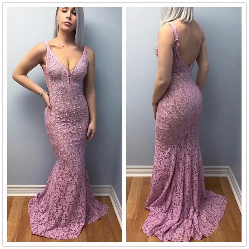 Robe de soiree dusty розовые кружевные вечерние платья Длинные сексуальные глубокий v-образный вырез открытая спина импортные вечерние платья в стиле русалки