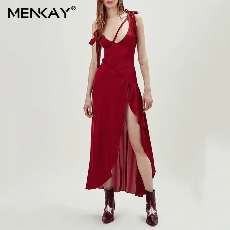 

[MENKAY] Red Sleeveless Sexy Women Party Holiday Beach Dress High Waist Soild Dresses Female Fashion 2019 Summer