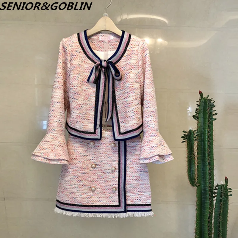 

Autumn Top Quality Runway Suit Women Designer Long Trumpet Sleeve Bowknot Tweed Woolen Jacket+Tassel Skirt Set 2Piece Outfits