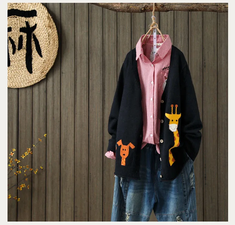 Женский свитер Весна Осень вязаное пальто Kawaii Mori Girl с v-образным вырезом Жираф мультфильм кардиган с вышивкой животных верхняя одежда