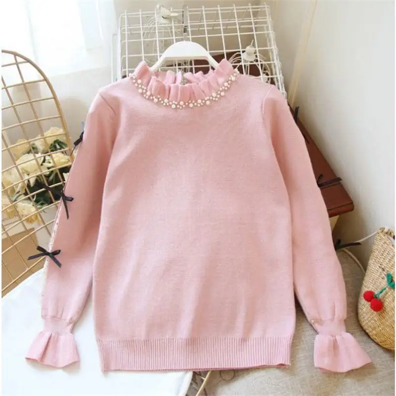 Women Beading Half Turtleneck Sweater Female Bow Lace Patchwork Tricot Pullover Knitwear Japanese Style Cute Knitted Jumper K257