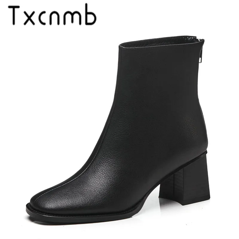 

TXCNMB 2019 New Style Genuine Leather Ankle Boots Round Toe High Heel Chelsea Boots Genuine Leather Boots Women Ladies Shoes