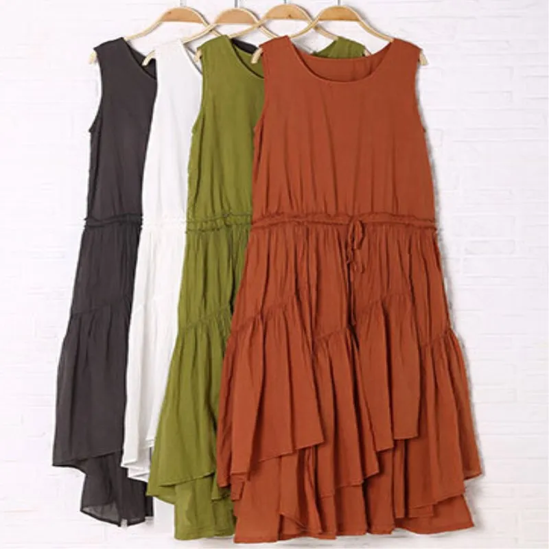 

Summer women cotton linen multilayer bottom loose vest dress sleeveless lacing can be waist irregular flax Harness long dresses