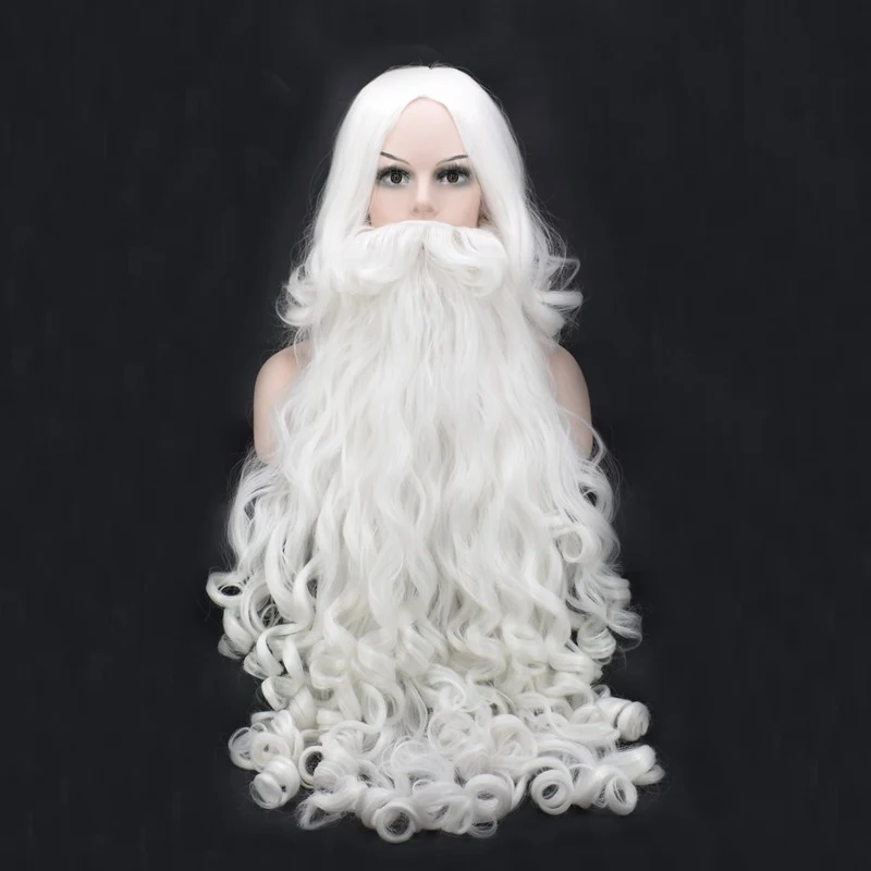 Preise Hohe Qualität Weihnachten Cosplay Perücke Bart Santa Claus Weiße Lockige Lange Synthetische Haar für frauen männer Halloween Party Cosplay Prop