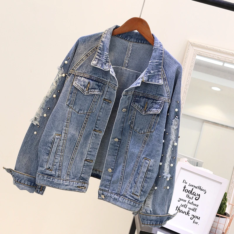 

Korean beading denim jacket vintage holes jeans jacket women fashion jackets 2019 new autumn chaqueta mujer loose veste femme