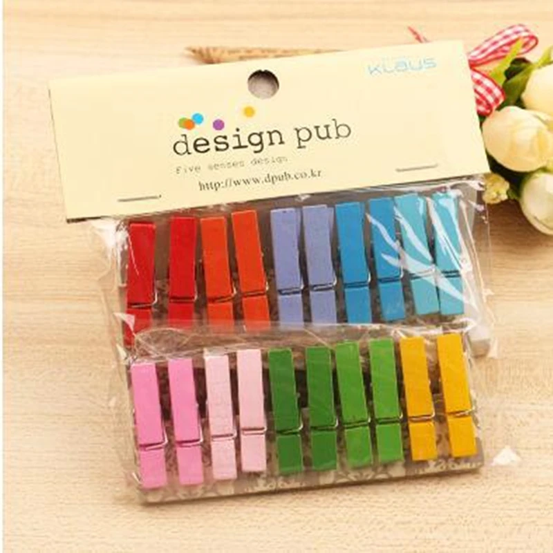 

1set(20pcs) Beautiful Design Mini Color Wooden Clips Decorations Paper Photo Spring Clip For Message Cards Office Supply