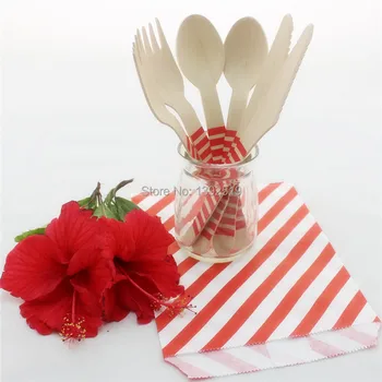 

Wooden Cutlery Set--1500pcs Red Striped Wooden Utensil 10 colors Party Decoration Wooden Cutlery Birch wood Spoon Fork Knife