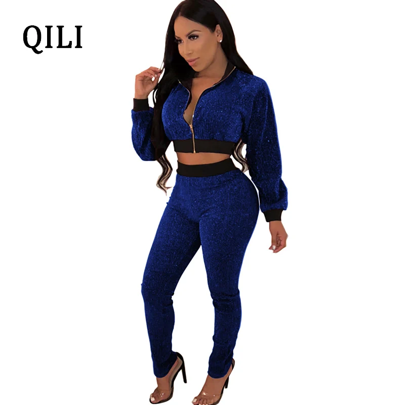 QILI Flash Bright Silk Women Jumpsuits Long Sleeve Zipper Patchwork 2 Piece Set Fashion Jumpsuit Autumn Winter Womens Jumpsuits