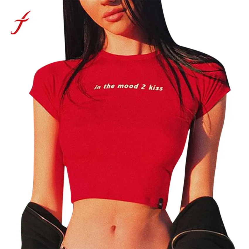 

FEITONG IN THE MOOD Letters Printed Crop Tops Women 2019 Summer Casual Shirt Short Sleeve Loose Cropped feminino Plus Size
