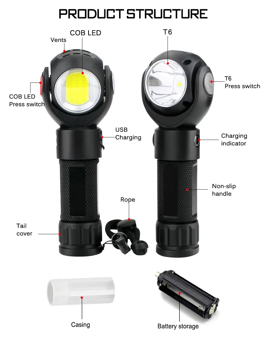 Супер яркий светодиодный фонари T6 + COB перезаряжаемый рабочий свет 360 градусов Поворот лампы голову открытый Водонепроницаемый с 18650 Батарея