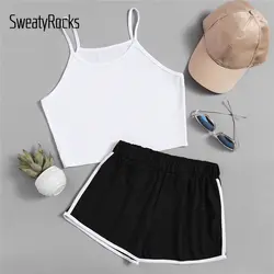 SweatyRocks Crop Cami Top с контрастной отделкой шорты 2018 черно-белые ремни простые шорты без рукавов комплект из двух предметов