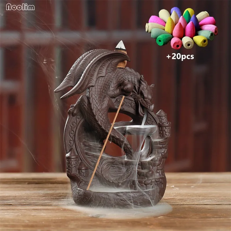 

Ceramic Waterfall Smoke Backflow Dragon Incense Burner Aromatherapy Censer Incense Stick Holder Home Decor + 20pcs Incense Cones