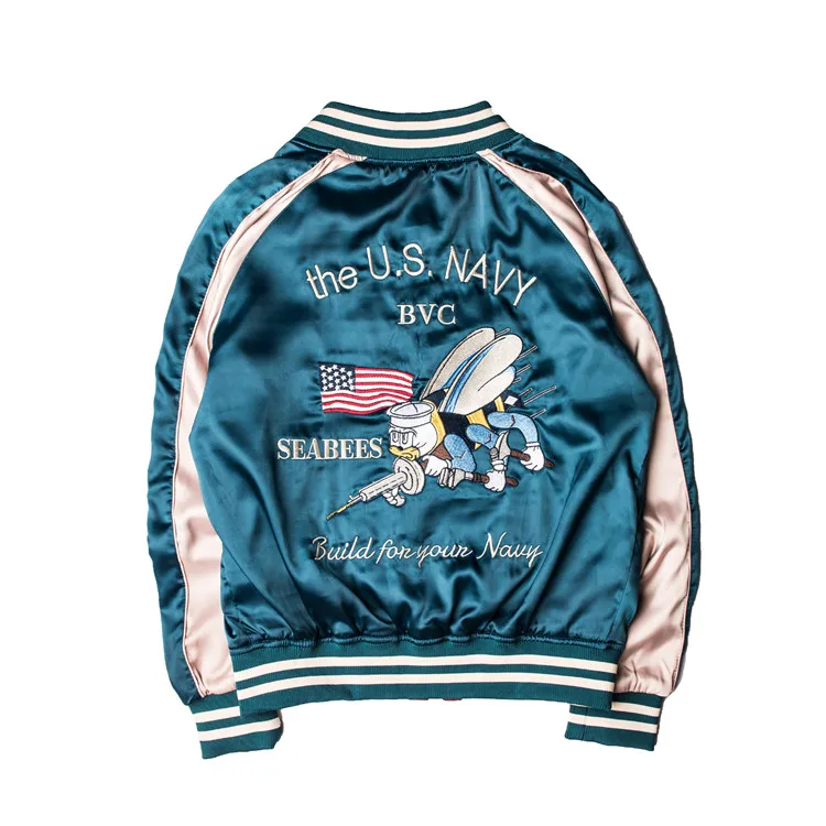 Two Sides Luxury Embroidery Bomber Jacket Smooth Men Sukajan Yokosuka Souvenir Jacket Streetwear Hip Hop Baseball Jacket