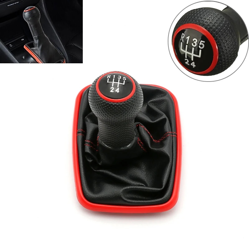

5 Speed Black Red Line Gear Shift Knob PU Leather Car Lever Shift Collars for 1999-2004 Volkswagen Jetta Bora MK4