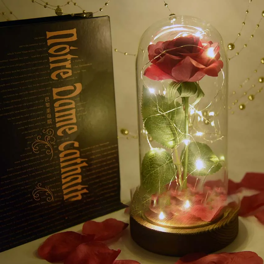 

6 Colour Beauty And The Beast Red Rose In A Glass Dome On A Wooden Base For Valentine's Gifts LED Rose Lamps Christmas