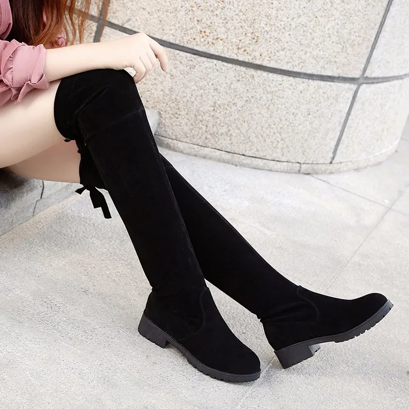 

Women's Boots 2018 Autumn and Winter New Flat Platform Over The Knee Boots Flock Square Heel Fashion Sexy Shoes Woman Stovepipe
