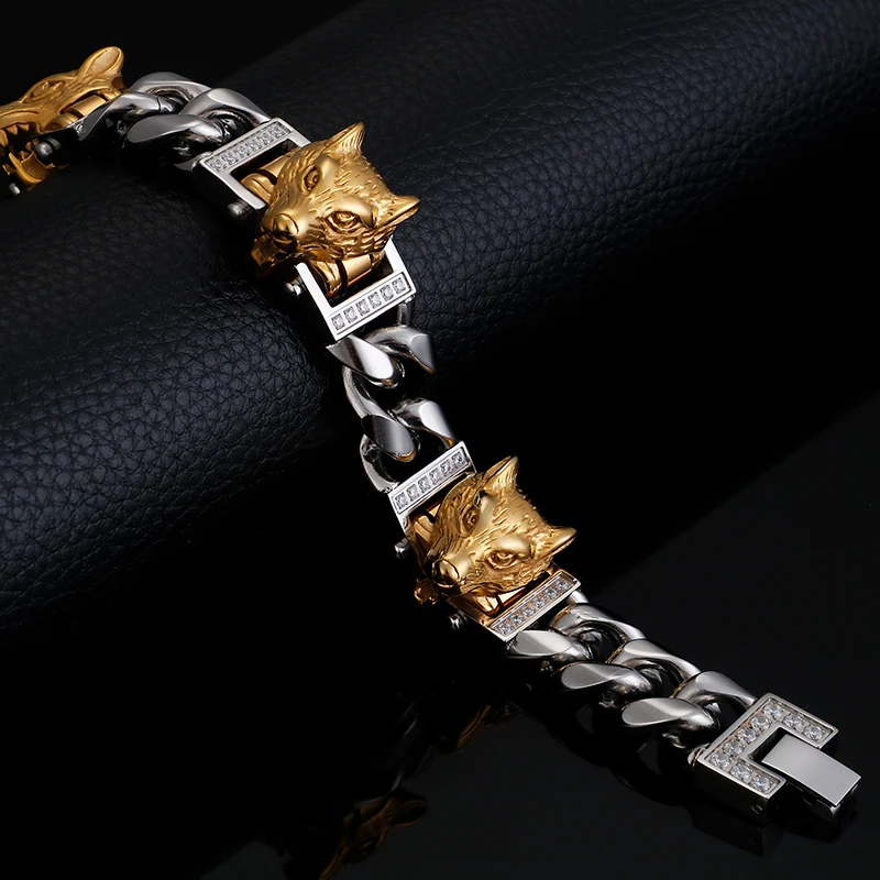 Рождественские подарки Новые браслет волк для мужчин Титан Нержавеющая Мода Прохладный в стиле панк кубинский браслет цепочка