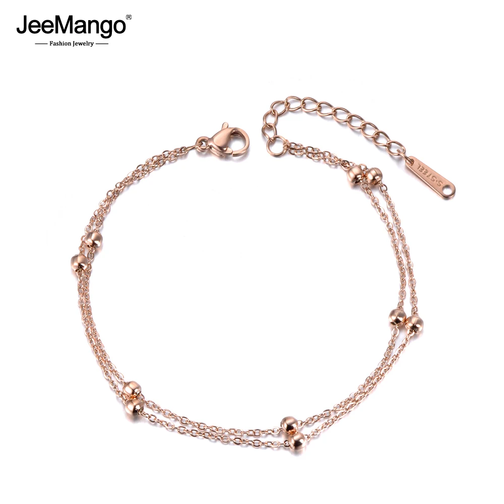 JeeMango Модные Двухслойные, круглые бусины, браслет, ювелирные изделия, розовое золото и Титан, стальная цепочка и звено, женский браслет JB19051