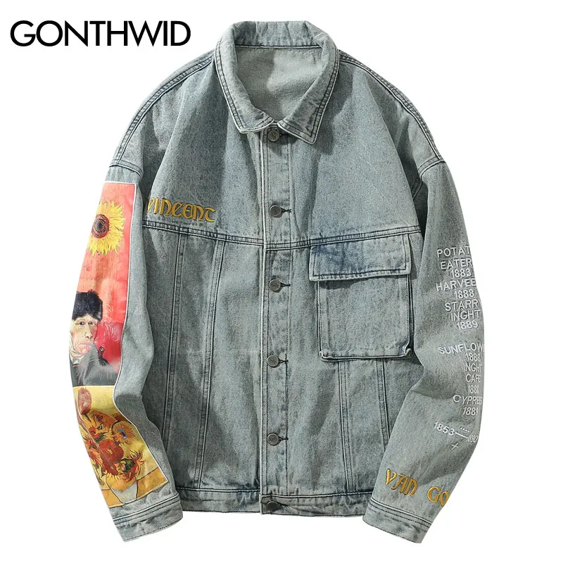 

GONTHWID Van Gogh Painting Patchwork Embroidery Denim Jackets Hip Hop Casual Loose Jean Jackets Streetwear Fashion Outwear Coats