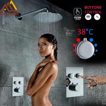 

Quyanre Round 2-way Thermostatic Shower Faucets Set Brass Rainfall Shower Two Buttons Control Thermostatic Mixer Bathroom Shower